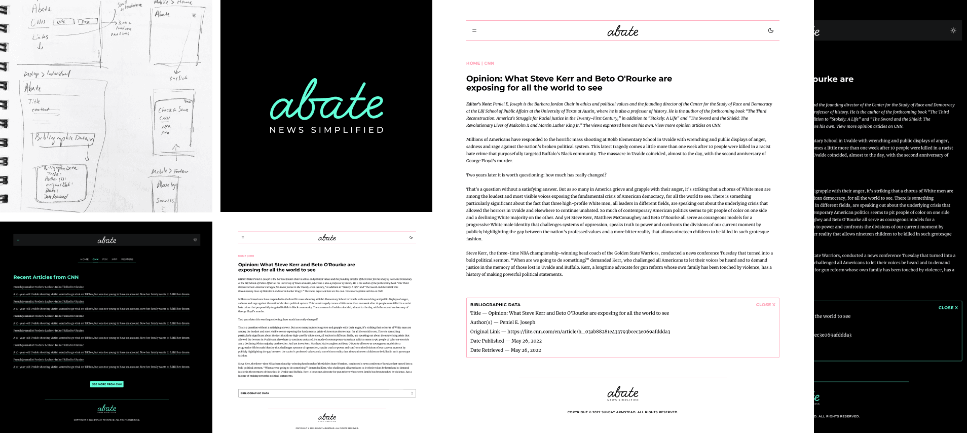 Wireframe sketches and high-fidelity wireframes for the Abate app